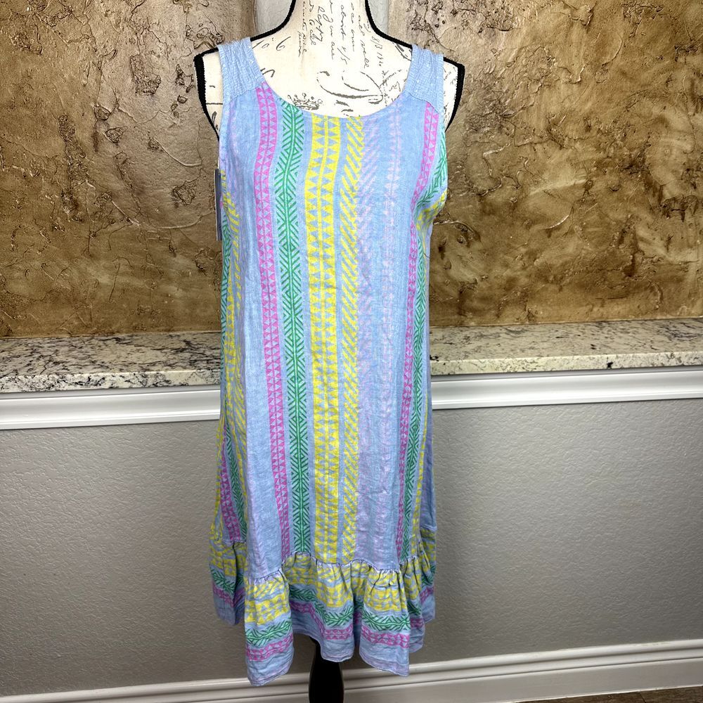 NWT Bellambra Mini‎ Dress Women's Medium Blue Linen Sleeveless Ruffle Hem